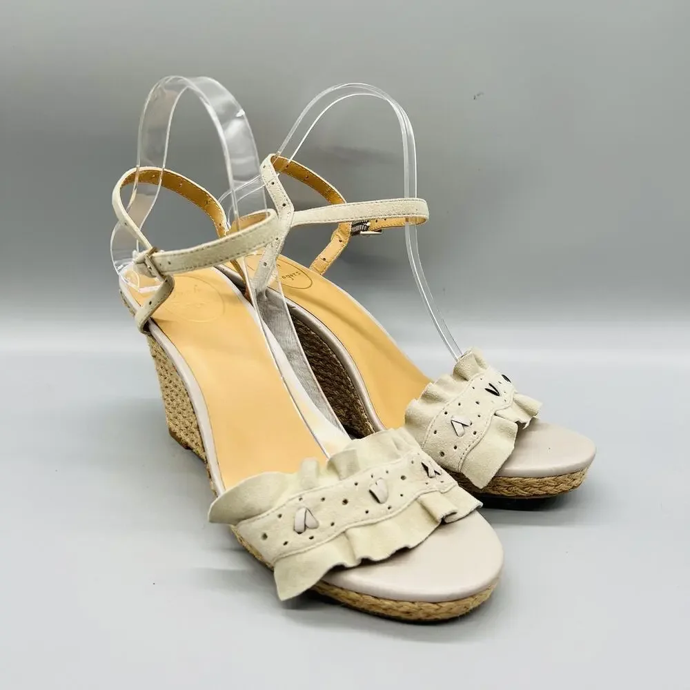 Jack Rogers Sandals Womens 10 Gray Suede Ankle Ruffle Espadrille Wedge Shoes